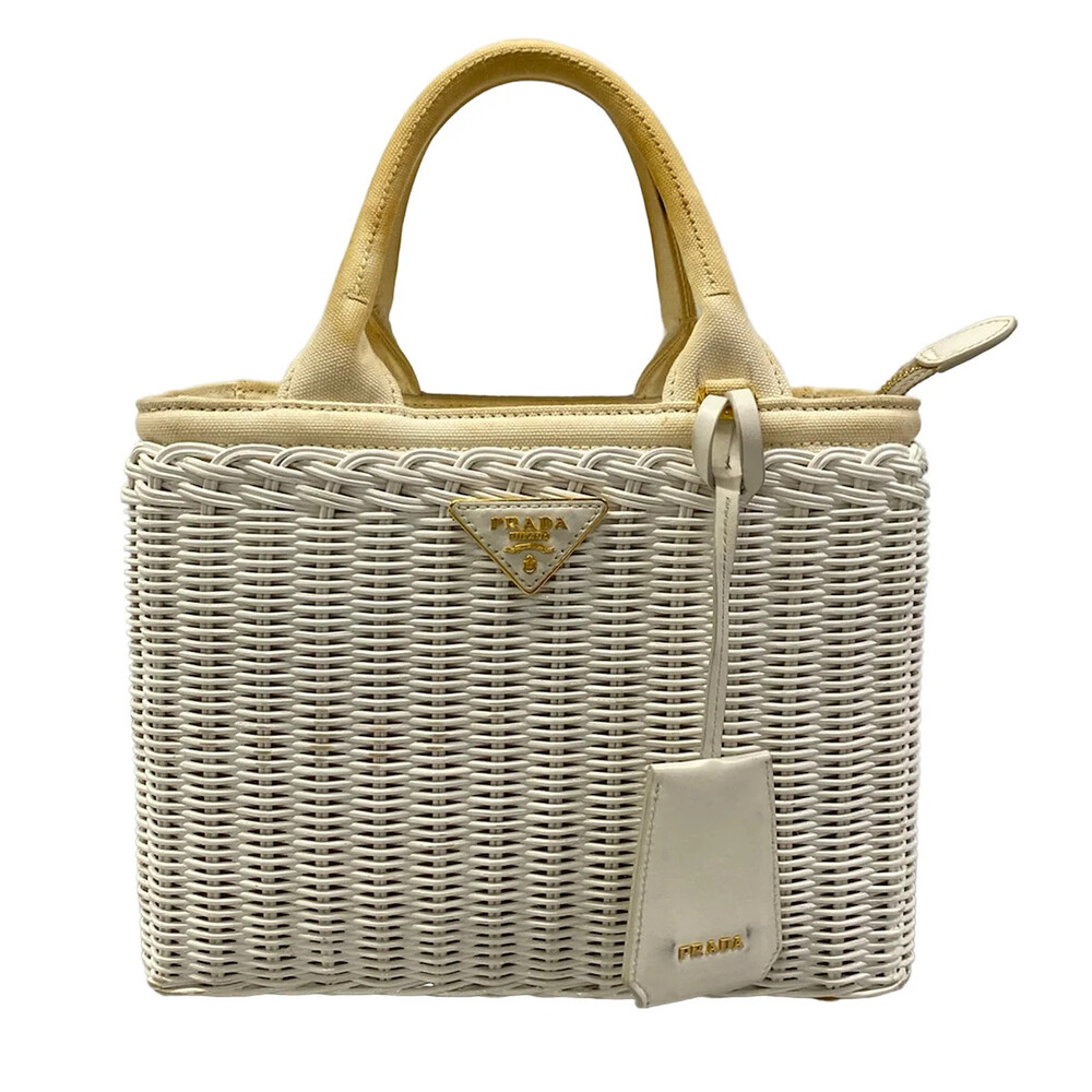 Prada White Cream Rattan Canvas Handbag #337962P98B